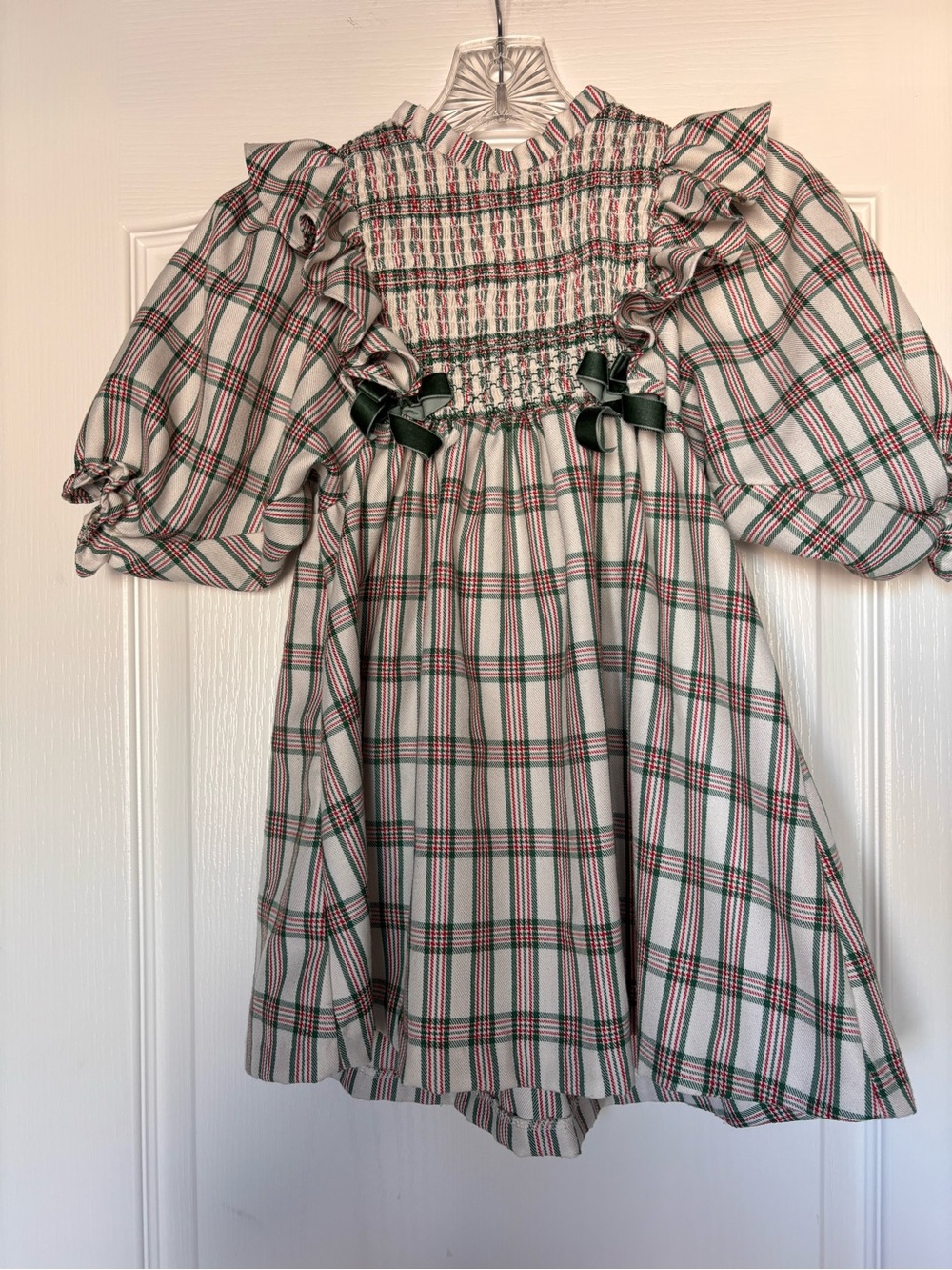 Bonnie Jean Cream Dress with Red & Green Plaid Smocking Girls size 5 Holiday